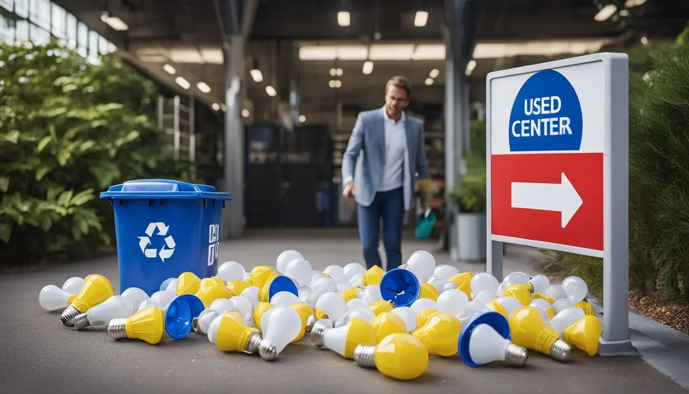 There were a bunch of light bulbs on the ground, and a recycling bin, and a man was standing behind them