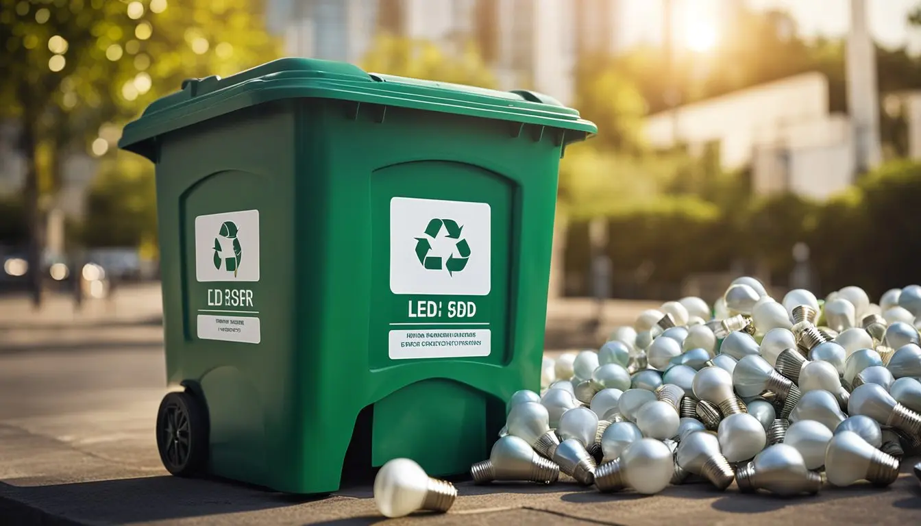 A bunch of light bulbs in front of the recycling bin